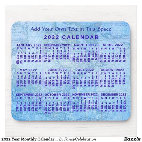 2022 Year Monthly Calendar Custom Blue Antique Map Mouse Pad | Calendar, Printable calendar ...