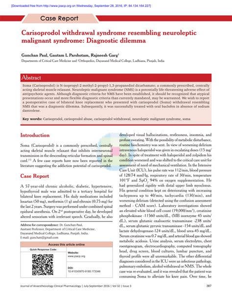 (PDF) Carisoprodol withdrawal syndrome resembling neuroleptic malignant ...