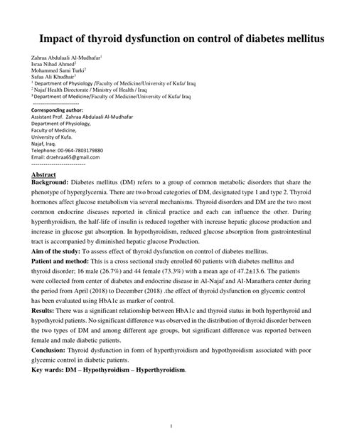 (PDF) Impact of Thyroid Dysfunction on control of Diabetes Mellitus