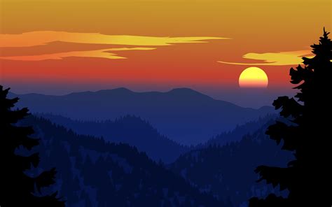 Beautiful dramatic sunset at mountains with silhouette of fir trees ...