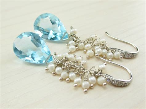 Blue Gemstone Pearl Earrings Sterling Silver Pearl Cluster