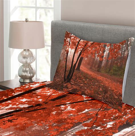 Fall Quilted Bedspread & Pillow Shams Set, Misty Forest Leaves Orange Print | eBay