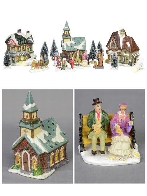 Large Christmas Village Scene With Church, Shops & Figurines - 17 Piece ...