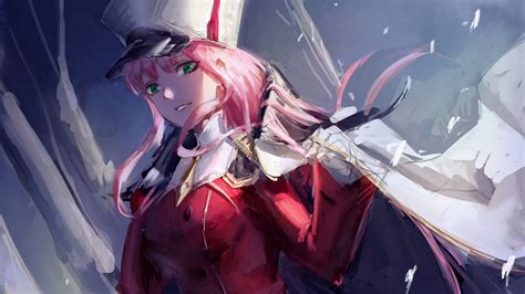 darling in the franxx zero two with hat with background of gray and blue 4k hd anime Wallpapers ...