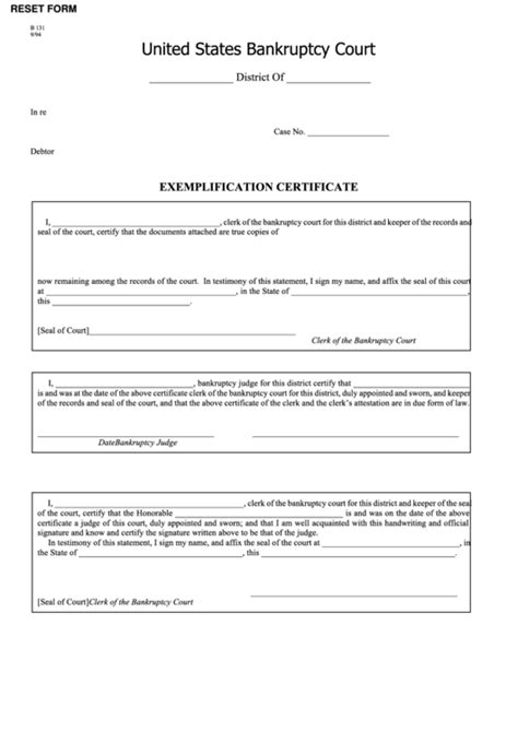 Fillable United States Bankruptcy Court Exemplification Certificate printable pdf download