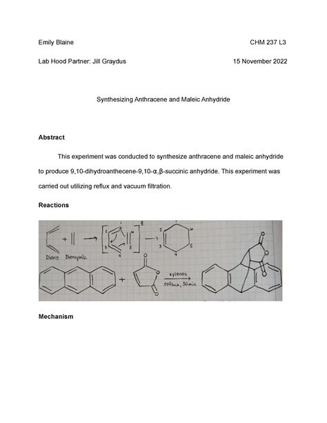 Diels-Alder Reaction Formal Lab Report L3 - Emily Blaine CHM 237 L Lab Hood Partner: Jill ...