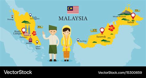 Malaysia map and landmarks with people Royalty Free Vector