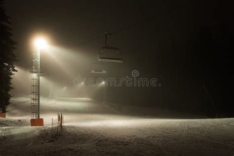 Illuminated Ski Piste at Night - Night Skiing Stock Photo - Image of ...