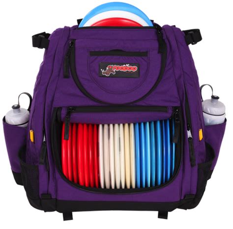 a purple backpack with frisbees in it
