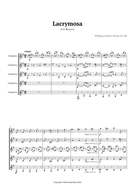 Lacrymosa by Mozart for Clarinet Quintet Sheet Music | Mozart ...
