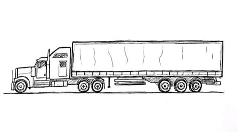 a black and white drawing of a semi truck