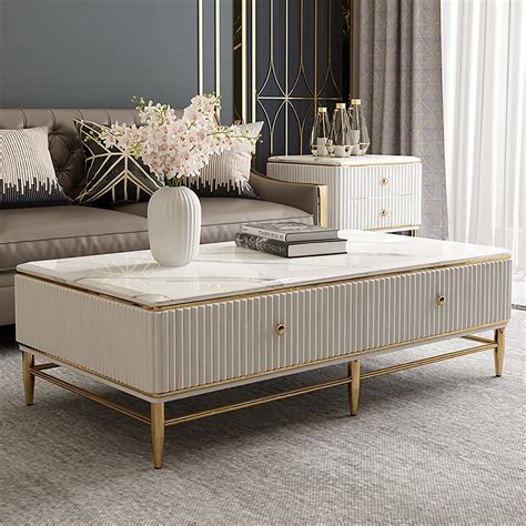 Bline 51" White Faux Marble Rectangle Coffee Table in Gold with Storage 4 Drawers | Centre table ...