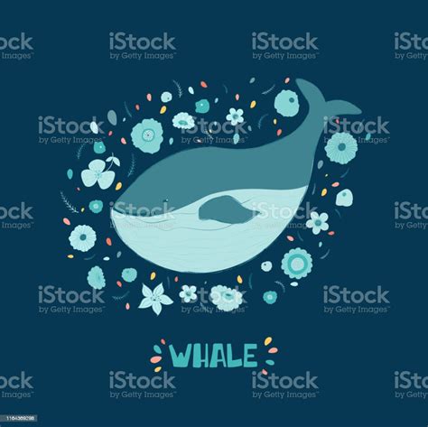 Whale On Hand Drawn Floral Background Lovely Handwritten Lettering Wild Rainforest Animal Vector ...