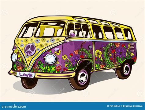 Hippie Vintage Bus, Retro Car with Airbrushing, Hand-drawing, Cartoon Transport Stock Vector ...