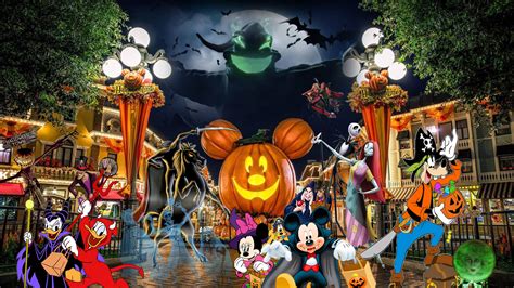 Download Cute Disney Halloween Cast In Disneyland Wallpaper | Wallpapers.com