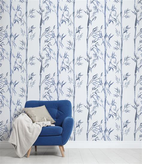 Watercolor Wallpaper With Blue Bamboo Peel and Stick - Etsy