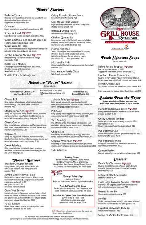 The Grill House menu in Allegan, Michigan, USA