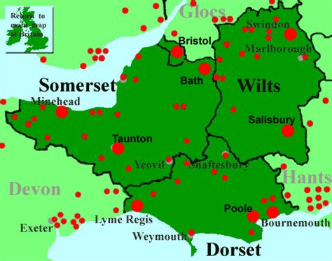 Map of good hotels in somerset, dorset, wiltshire in England, UK