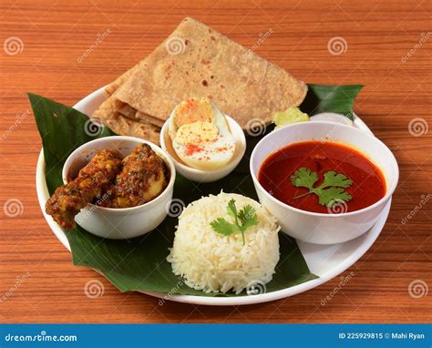 Chicken Thali From An Indian Cuisine, Food Platter Consists Of Chicken Curry, Lentils, Jeera ...