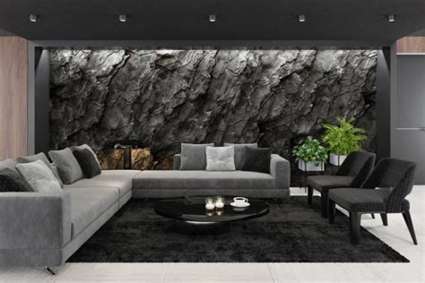 Modern Matte Black Living Room with Mountain Stone Wall