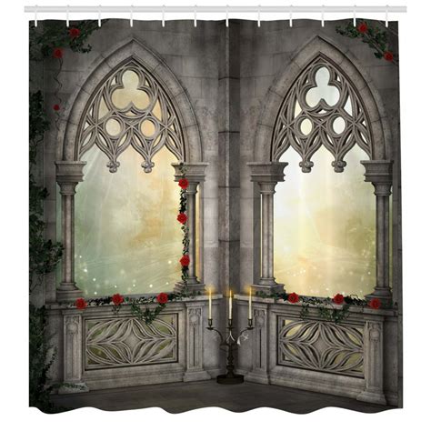 Gothic Shower Curtain, Vintage Style Ottoman Palace Balcony for Sultans with Red Rose Flowers ...