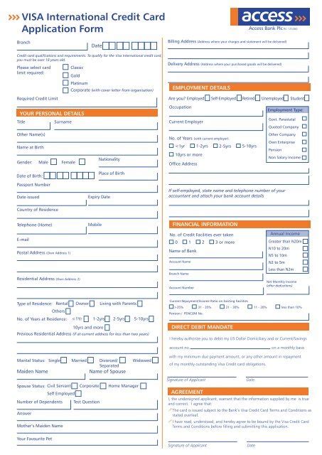 VISA International Credit Card Application Form - Access Bank