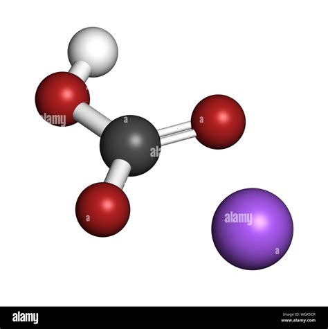 Sodium bicarbonate (baking soda), chemical structure. 3D rendering. Atoms are represented as ...