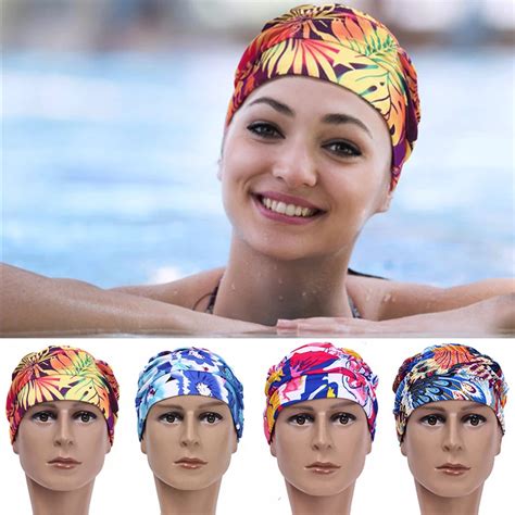 Women Swimming Cap Long Hair Ears Protection Summer Beach Surfing Caps Pleated Flower Petal ...