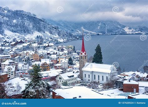 Weggis Village on Lake Lucerne, Swiss Alps Mountains, Switzerland, in ...