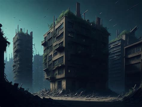 Premium AI Image | A postapocalyptic world the ruins of buildings in the city