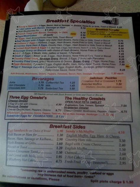 Menu at Sandy's Restaurant, Indian Rocks Beach