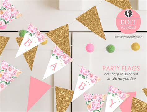 Girl Baby Shower Banner, Pink Floral Bunting, Baby Shower Flags, Instant Download, Pink Floral ...