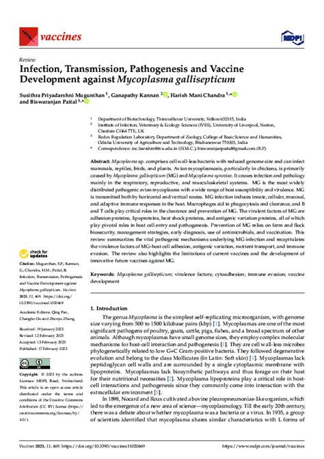 (PDF) Infection, Transmission, Pathogenesis and Vaccine Development against Mycoplasma ...