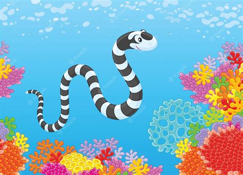 Premium Vector | Black and white striped sea snake swimming over a colorful coral reef in a ...