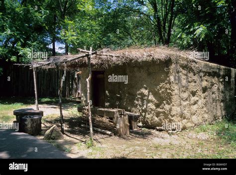 Traditional Cherokee winter house constructed from wattle and daub located at the Cherokee ...