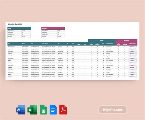 Free Wedding Guest List Template - Excel, Word, PDF, Sheets and Google Docs
