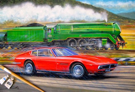 Greg McNeill Art: 1967 Maserati Ghibli and 3801 Steam Locomotive - "Speed and Power"