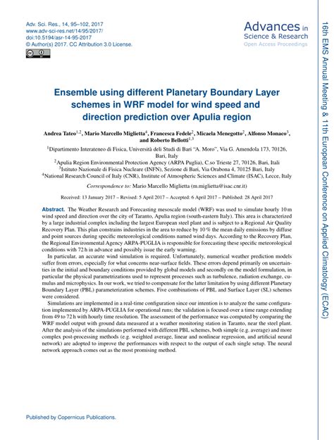 (PDF) Ensemble using different Planetary Boundary Layer schemes in WRF model for wind speed and ...