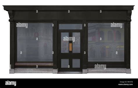 Storefront with black wood framed two shop windows and a door in the middle cut out on white ...