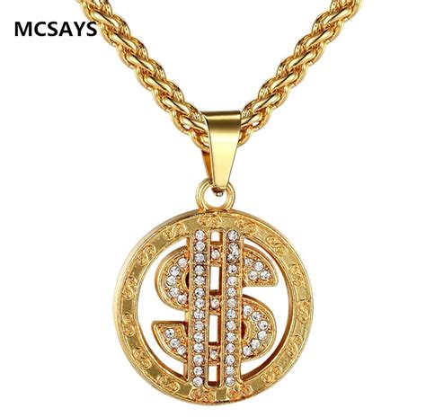 MCSAYS New Arrival Hip Hop Necklace Round Crystal Dollar $ Pendant Iced ...