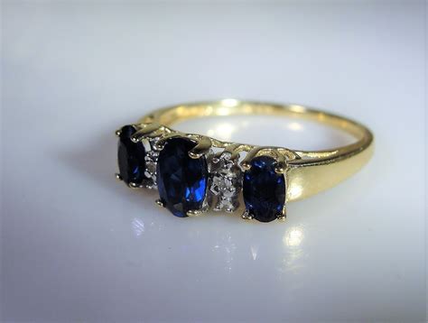 10K Retro Blue Sapphire and Diamond Trilogy Band Ring, Lab Created Sapphires, Genuine Diamonds ...