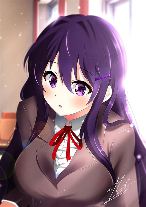 Yuri (Doki Doki Literature Club), Doki Doki Literature Club, visual novel, purple eyes, HD phone ...