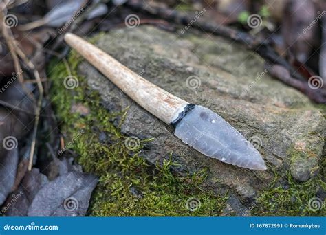 Flint Knife - Stone Age Tool Leaf Blade in Deer Antler Stock Image ...