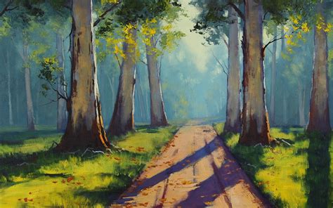 Brown pathway between grass field with trees painting, drawing, trees, road, nature HD wallpaper ...