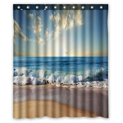 PHFZK Ocean Shower Curtain, Seascape with Sea Waves in Sunset Polyester Fabric Bathroom Shower ...