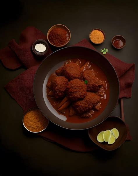 Premium AI Image | a photo of a bowl of beef rendang with spicy sauce and spices around it