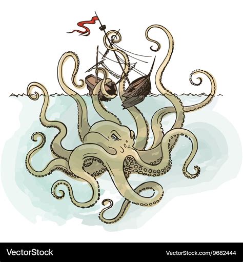 Octopus Kraken attacks the boat Royalty Free Vector Image