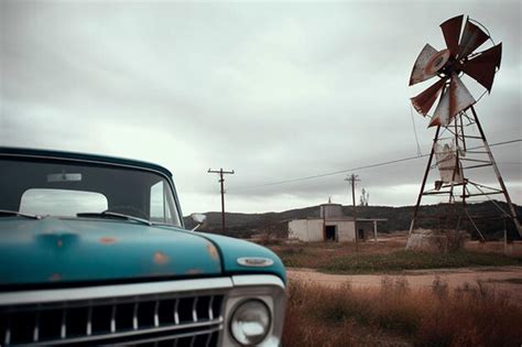 Premium AI Image | A blue car in front of a windmill