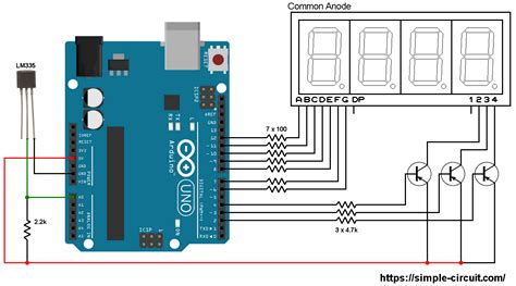 Arduino with LM335 temperature sensor and seven-segment display