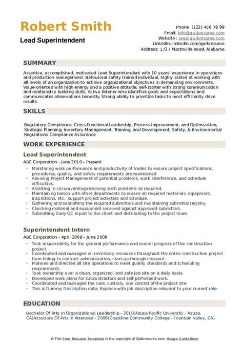 Superintendent Resume Samples | QwikResume